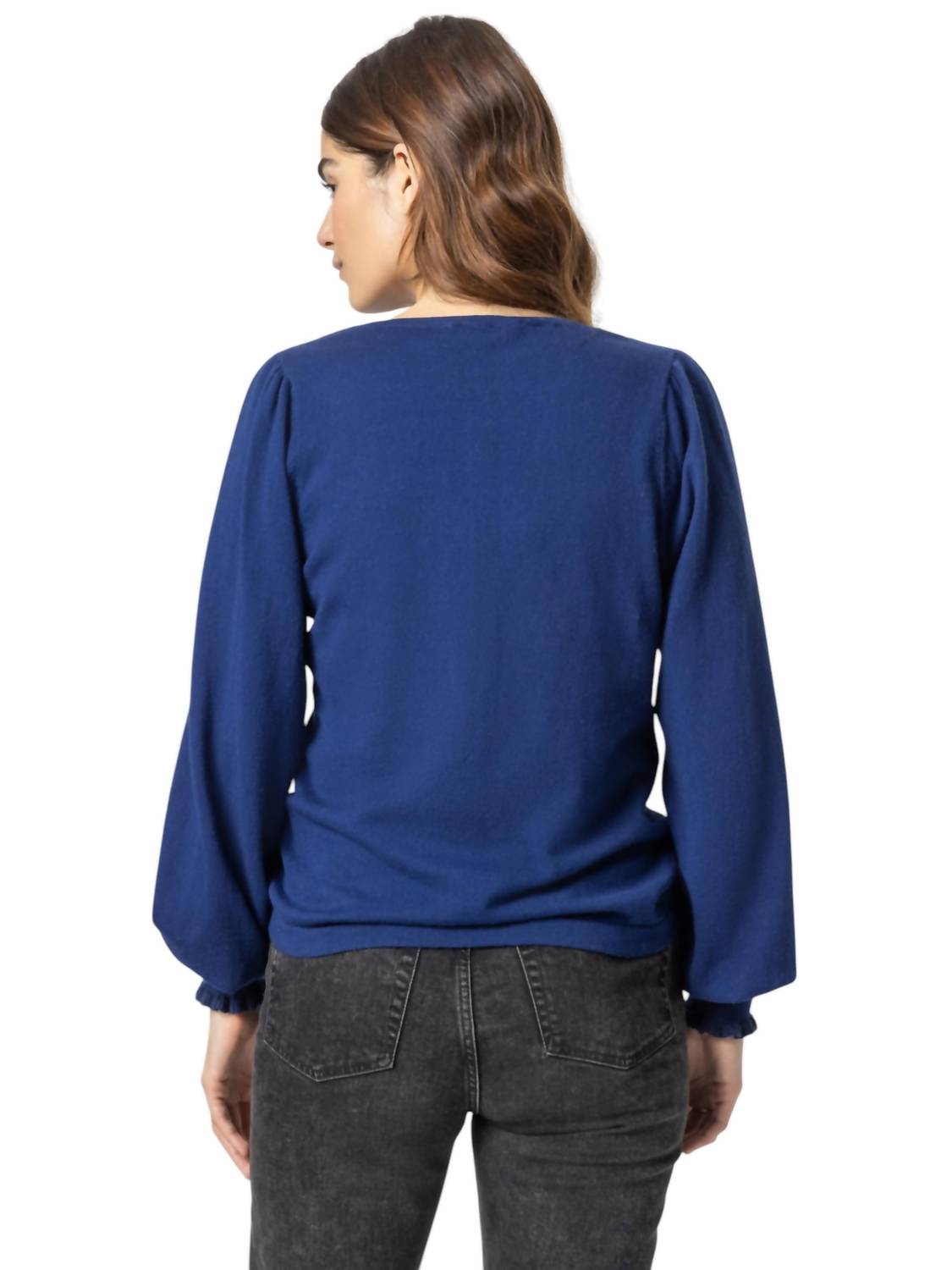 Lilla P - Cotton Cashmere Puff Sleeve V-Neck Sweater
