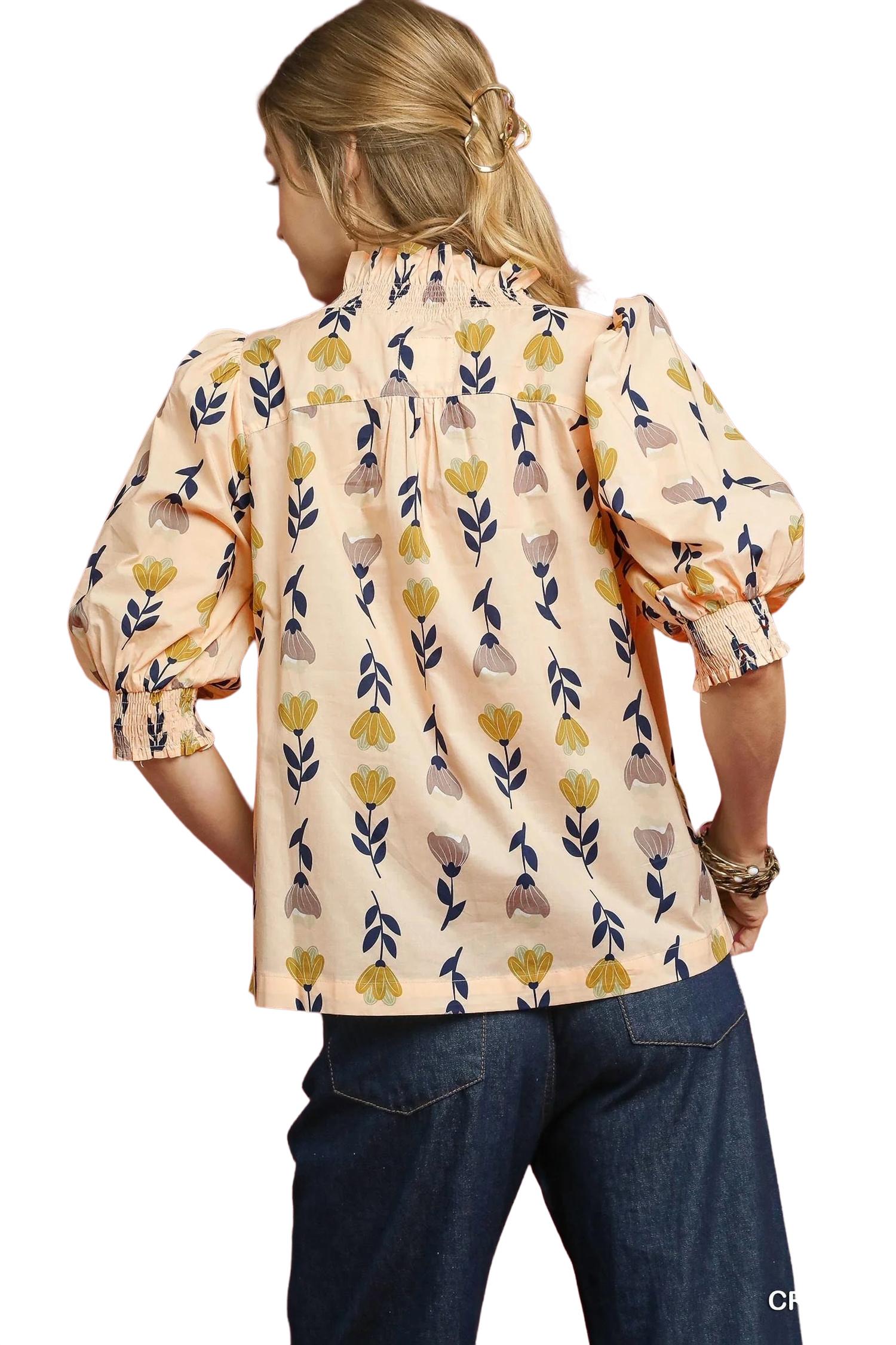 Umgee - Floral Ruffle Trim Puff Sleeve Blouse