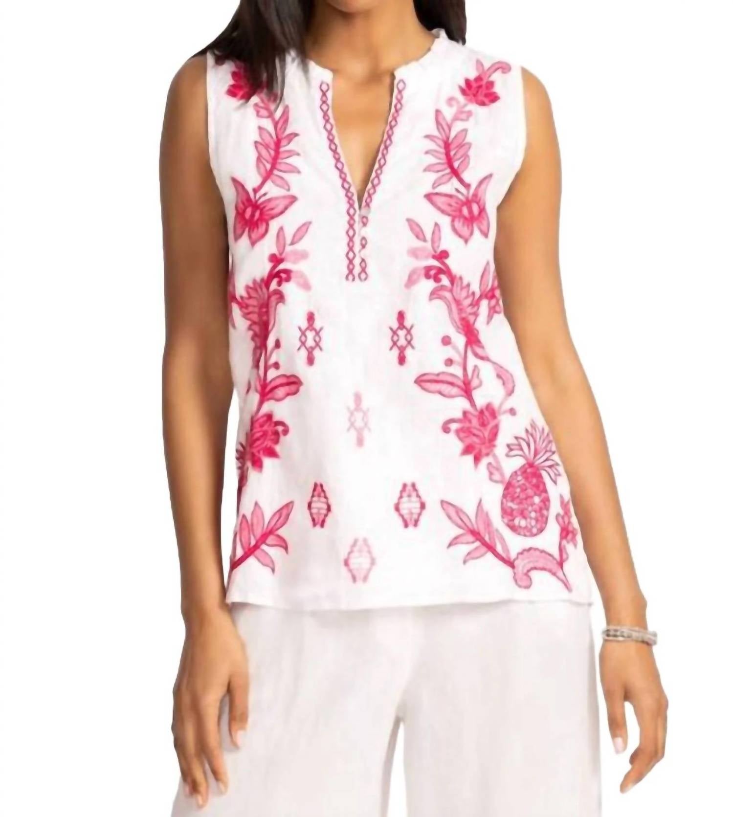 Johnny Was ORLA LINEN RUFFLE NECK TANK in white - women's tank top