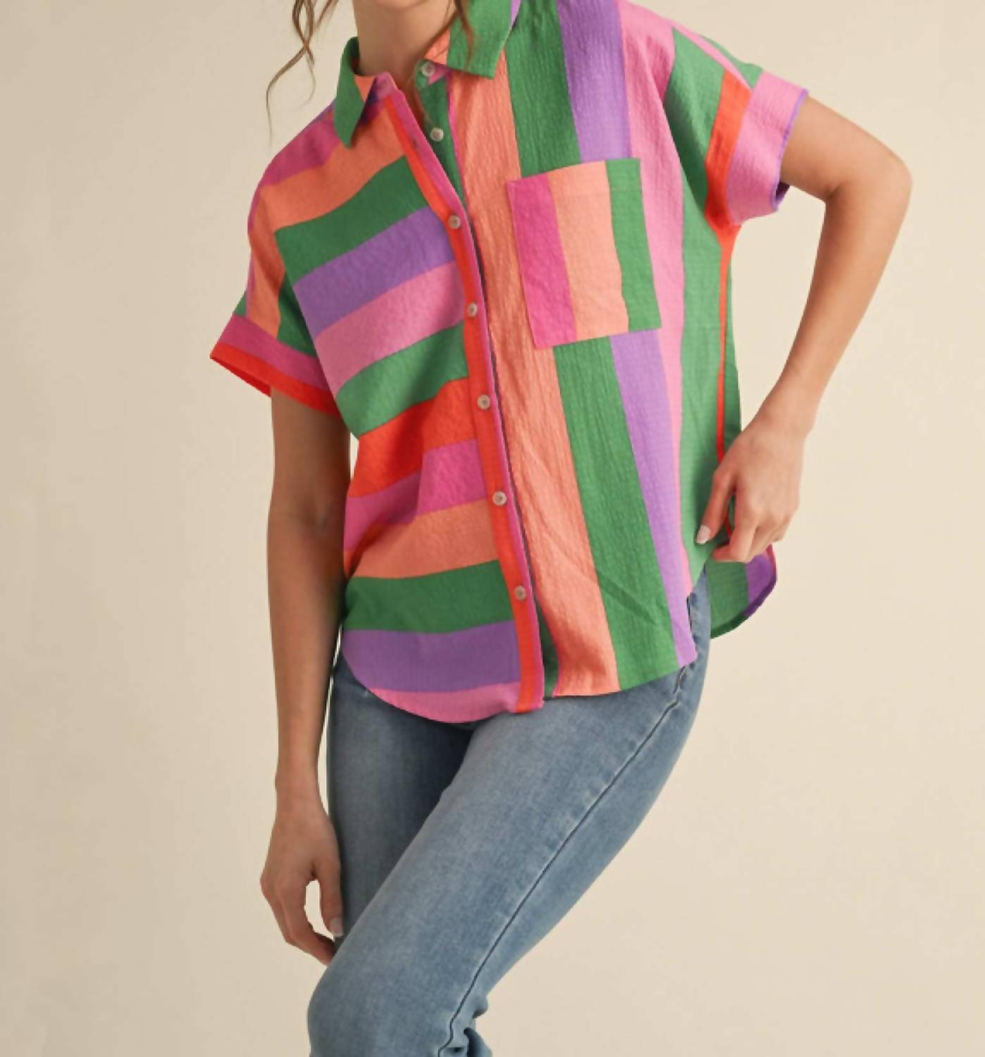 Jodifl - Women's Striped Button Up Top