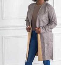 Davi & Dani - PLAID SUEDE LONGLINE SIDE SLITTED HEM BLAZER WITHOUT LAPEL