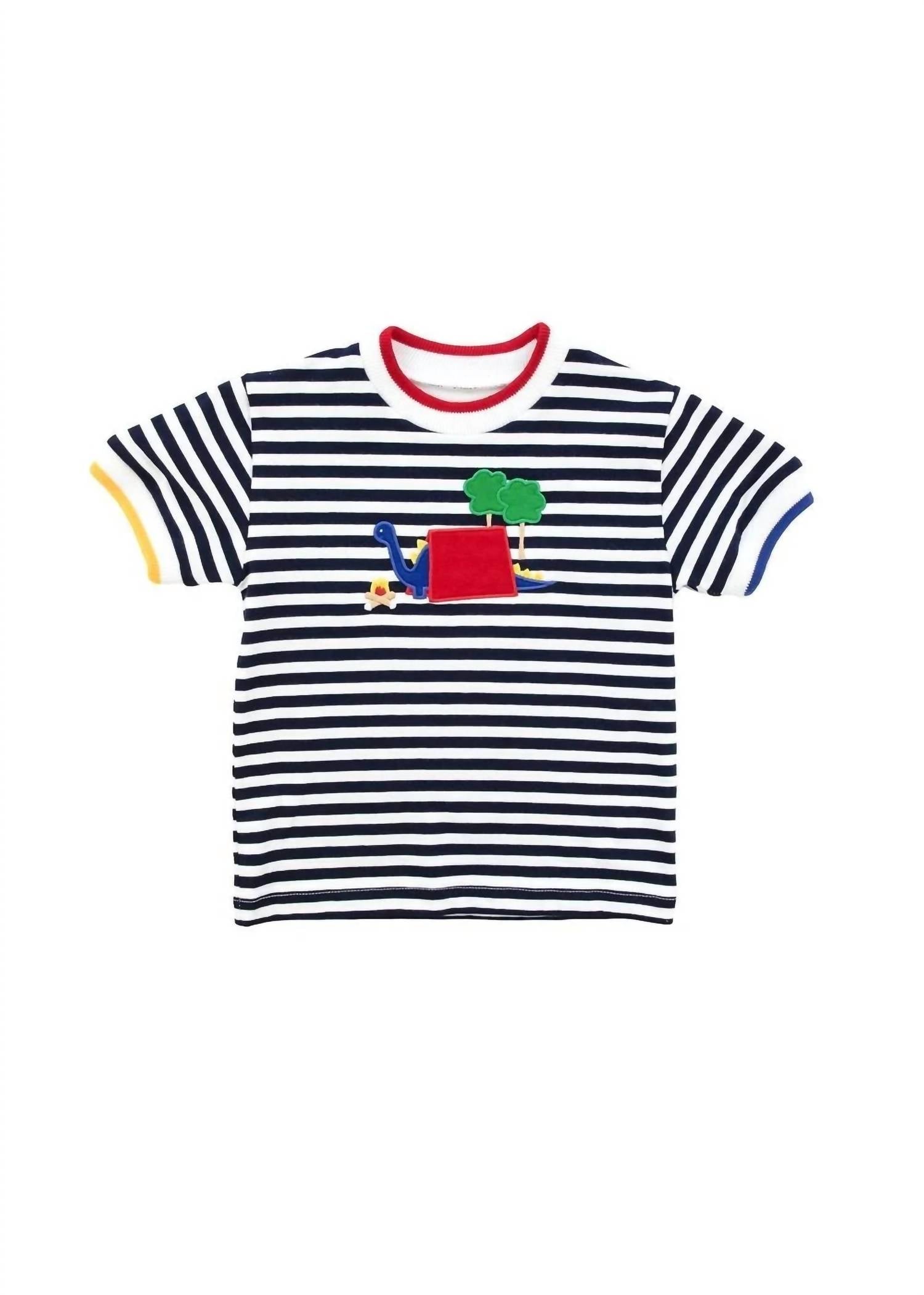 Florence Eiseman Kid's Camp Dinosaur Stripe Knit Shirt in navy white red - kids' t-shirt