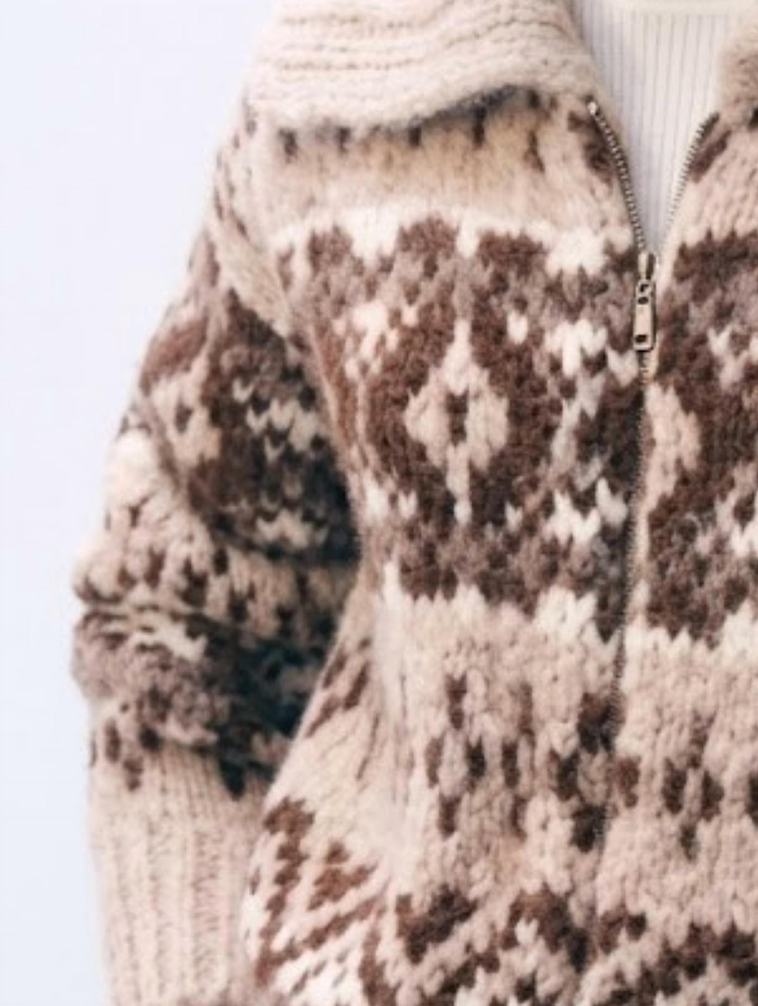 White + Warren Alpaca Blend Fair Isle Bomber Sweater in brown combo - women's cardigan - detail view