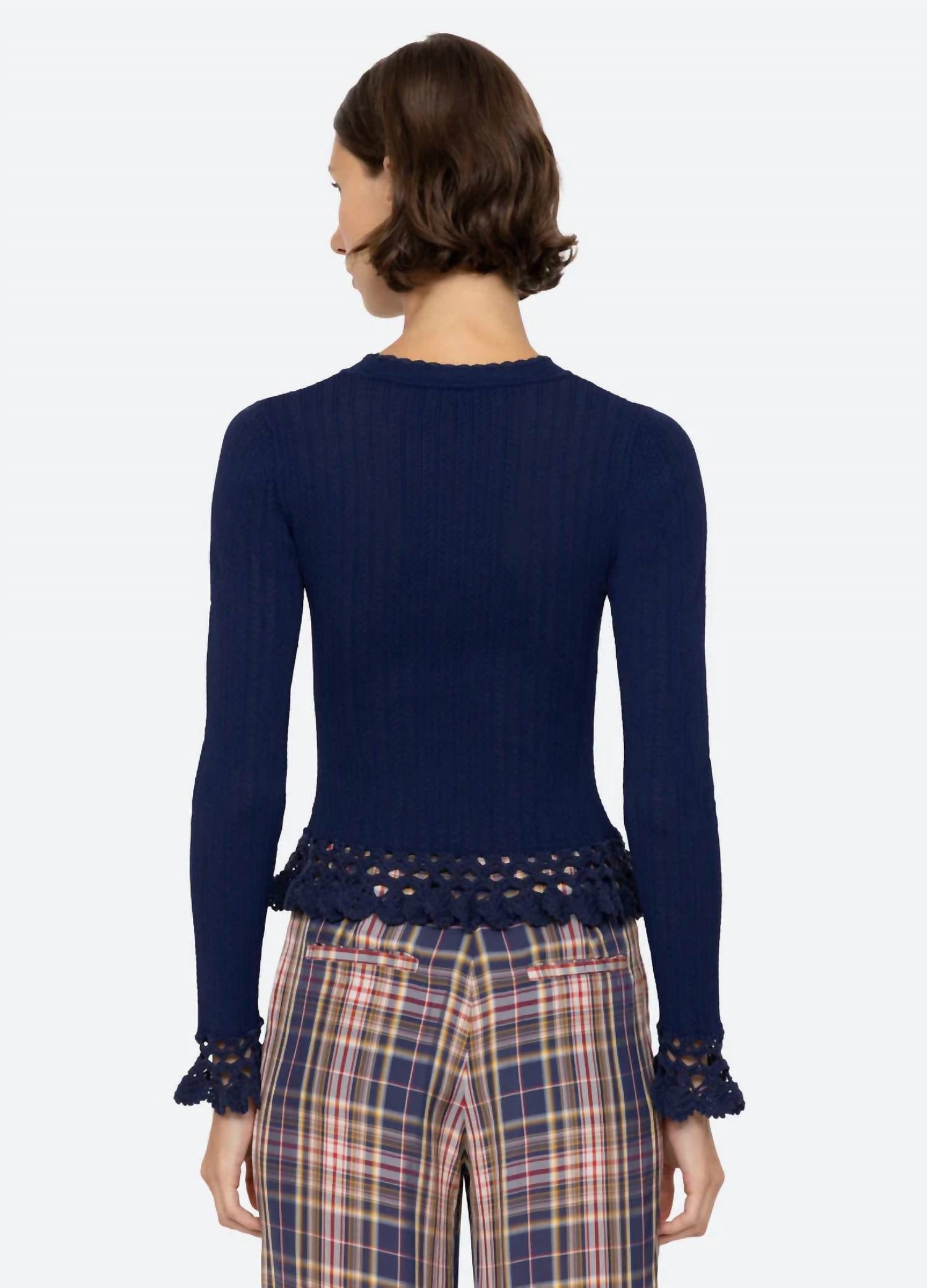 SEA Abbie Knit Long Sleeve Top in navy - women's long sleeve top - detail view