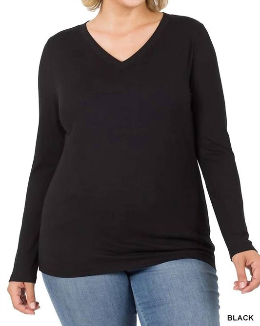 Zenana - Back to Basic V-Neck Long Sleeve Tee - Plus