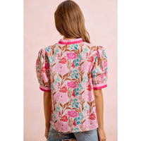 Bibi - Flower Printed Woven Contrast Top