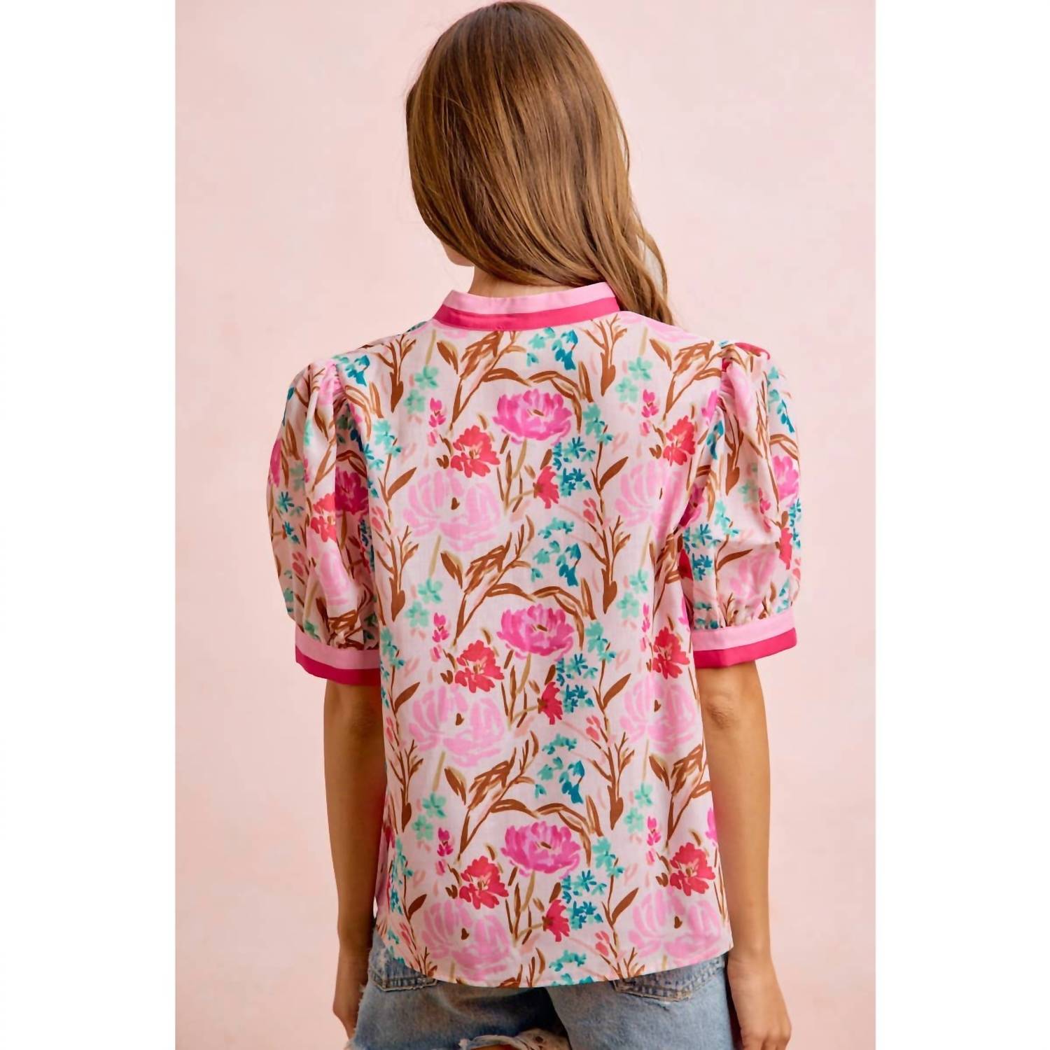 Bibi - Flower Printed Woven Contrast Top