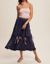Listicle Lace Midi Skirt With Ribbon Details in navy - women's skirt - detail view