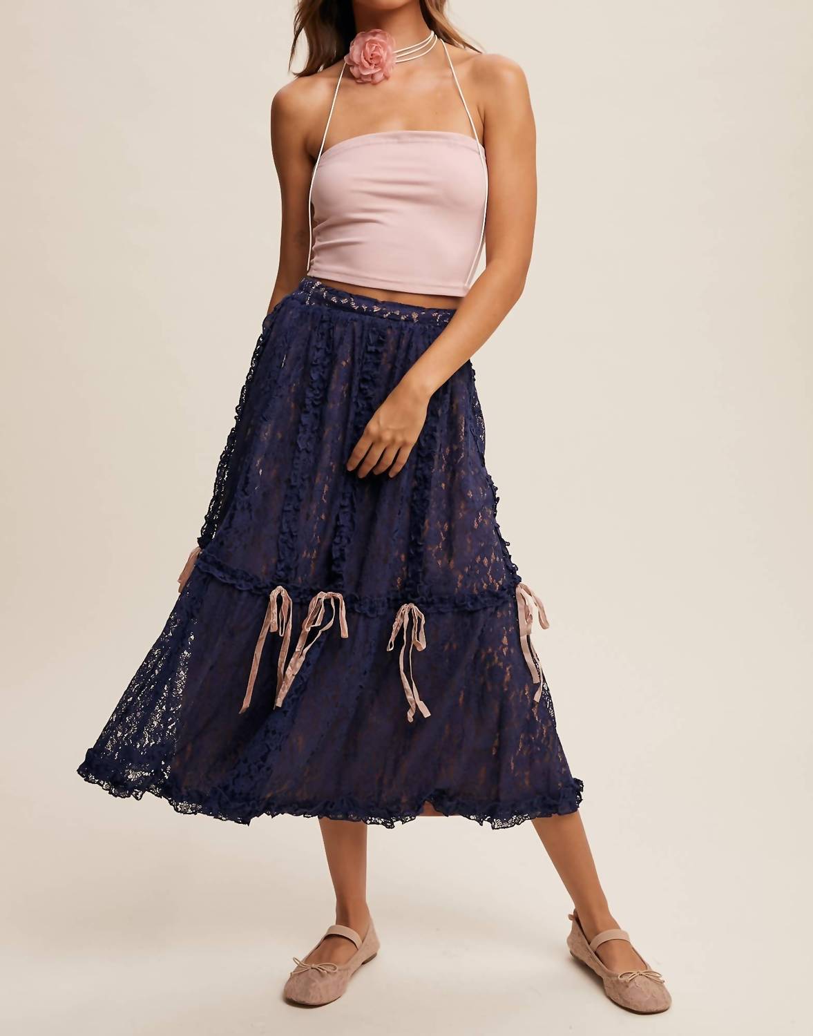 Listicle Lace Midi Skirt With Ribbon Details in navy - women's skirt - detail view