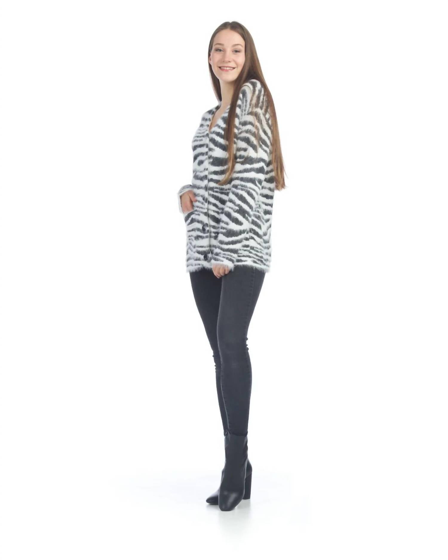 Papillon - Fuzzy Zebra Knit Cardigan With Pockets