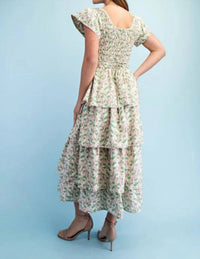 Gigio - Floral Tiered Elastic Waist Midi Dress