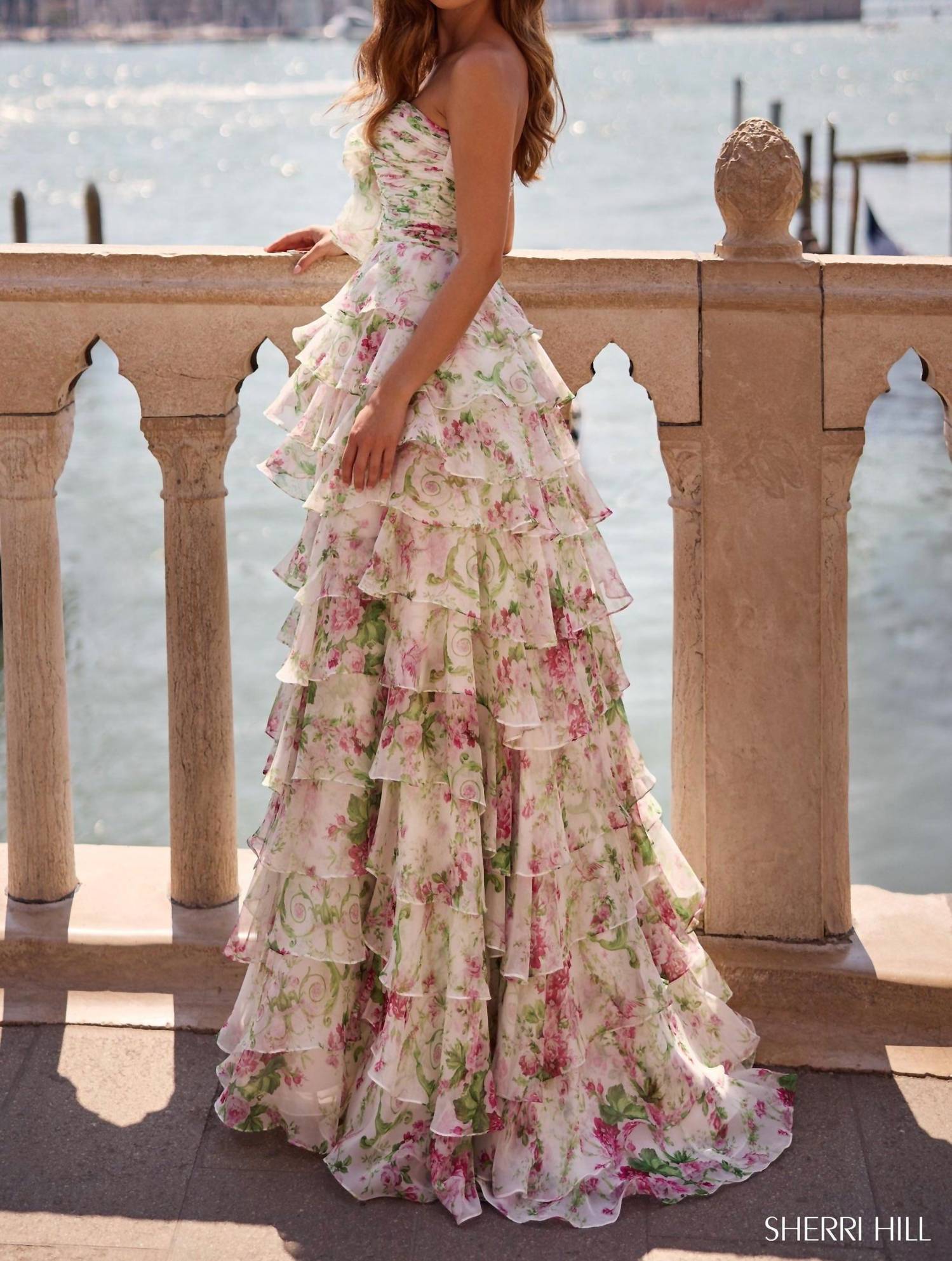 Sherri Hill Ruched Bodice High Slit Floral Dress in ivory green pink print - women's dress - alternate view