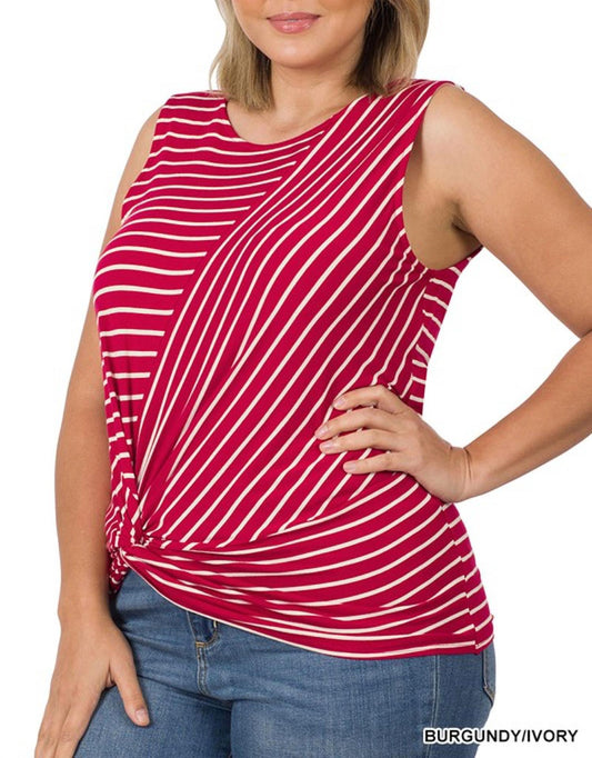 Zenana - Striped Knot Front Tank Top