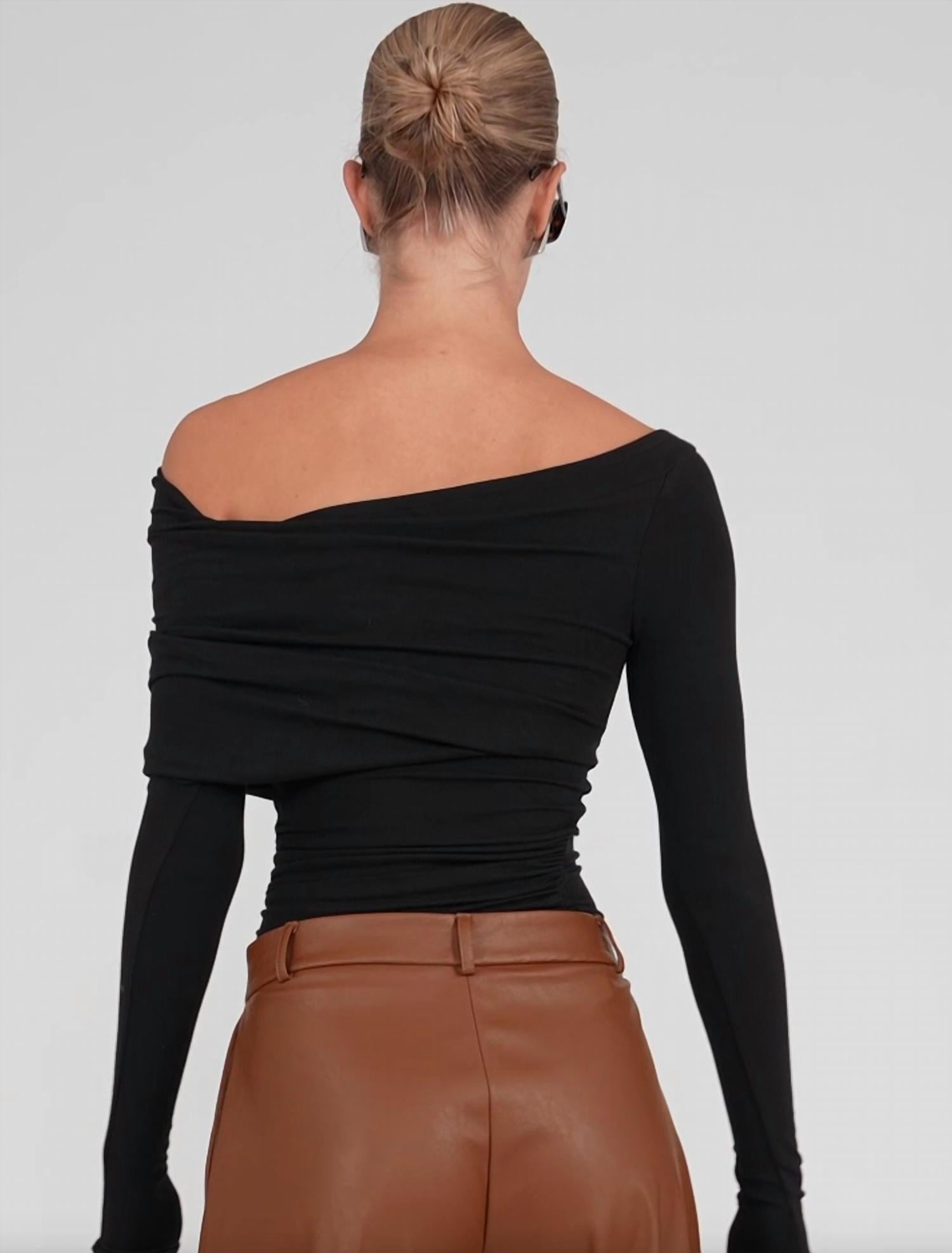 Nonchalant Label Maple Asymmetrical Long Sleeve Top in black - women's long sleeve top - detail view
