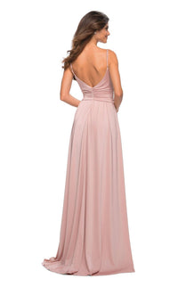 La Femme Jersey V-neck Open Back Slit Dress in mauve - women's dress - alternate view