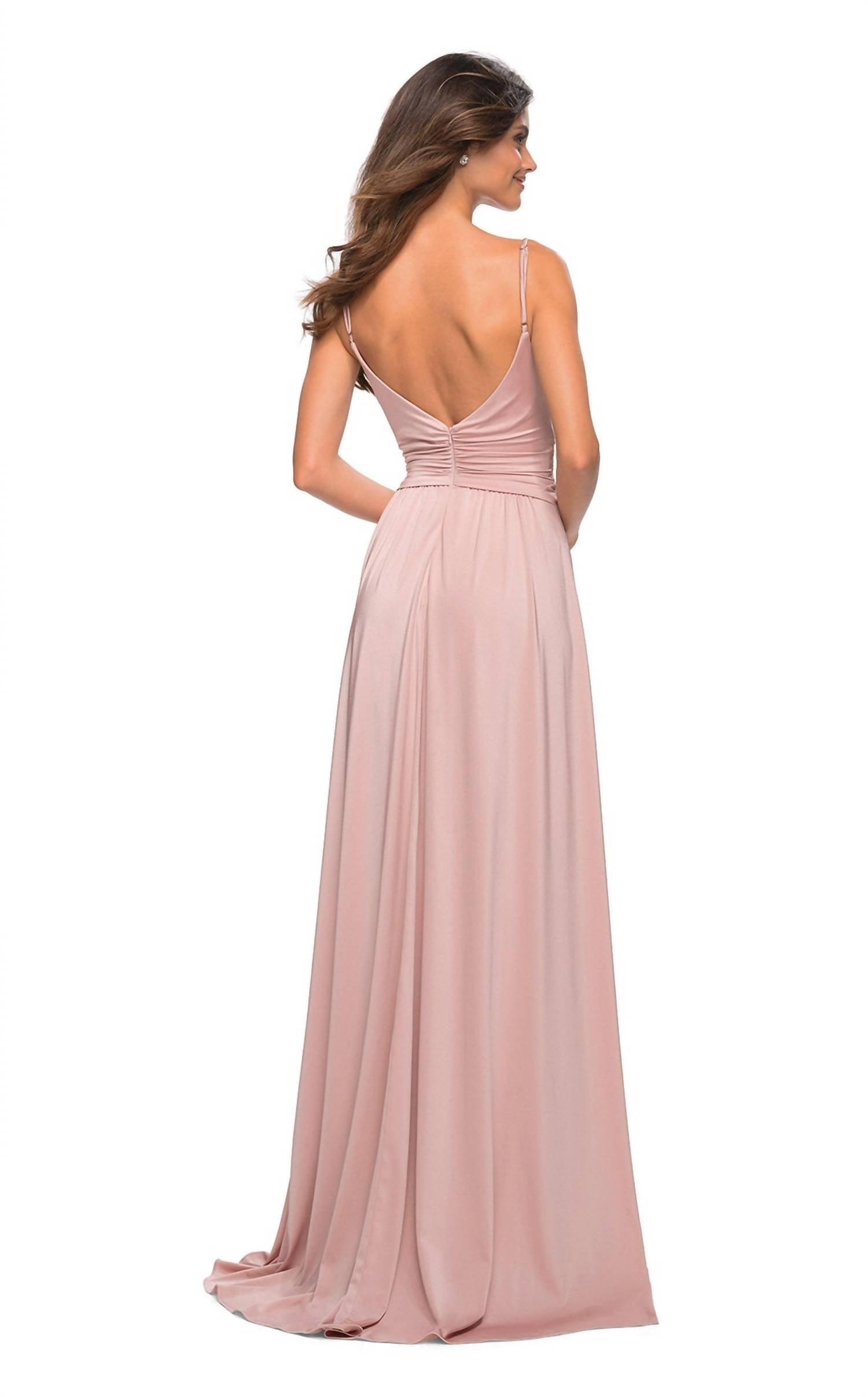 La Femme Jersey V-neck Open Back Slit Dress in mauve - women's dress - alternate view
