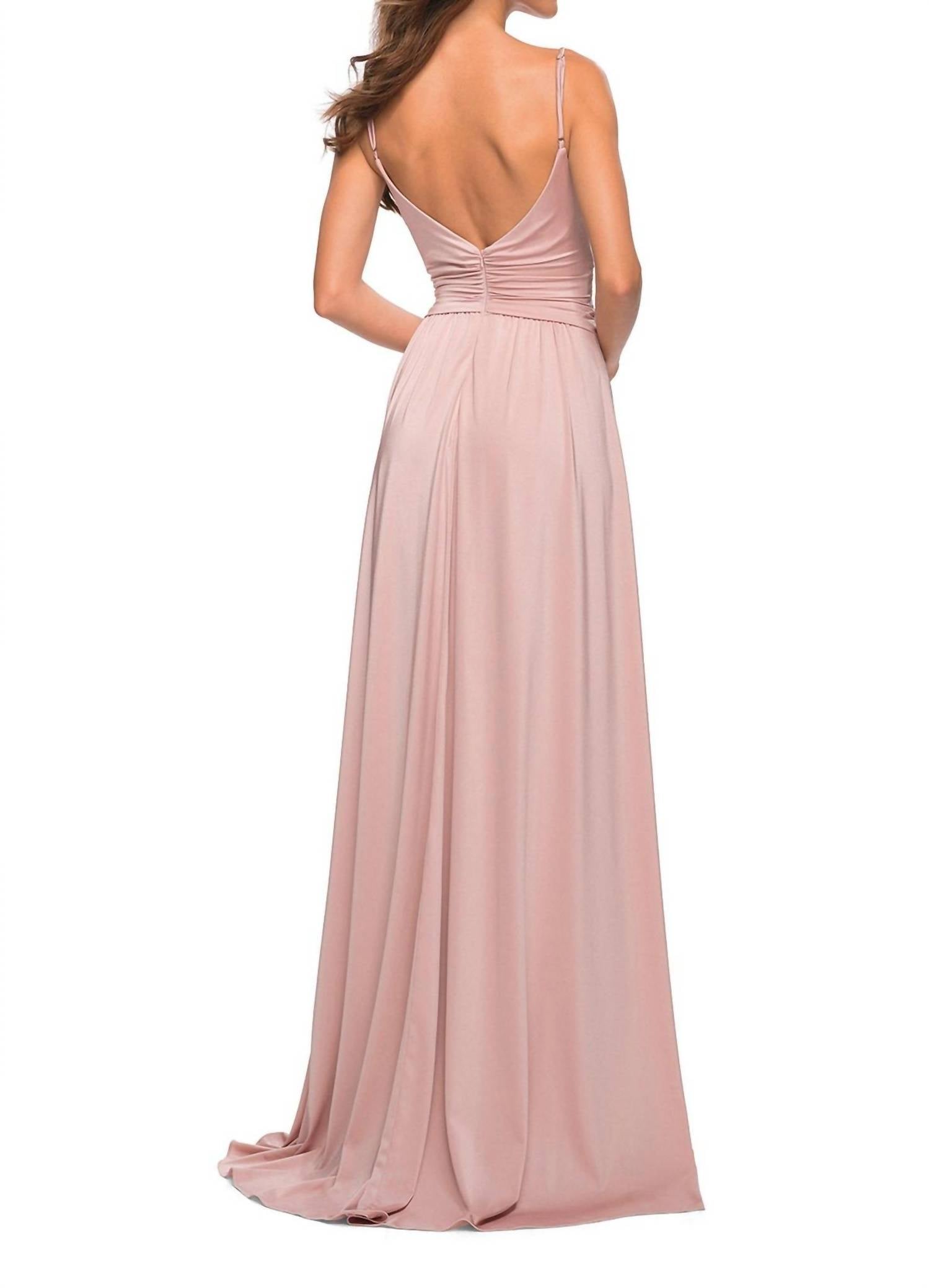 La Femme Jersey V-neck Open Back Slit Dress in mauve - women's dress - detail view
