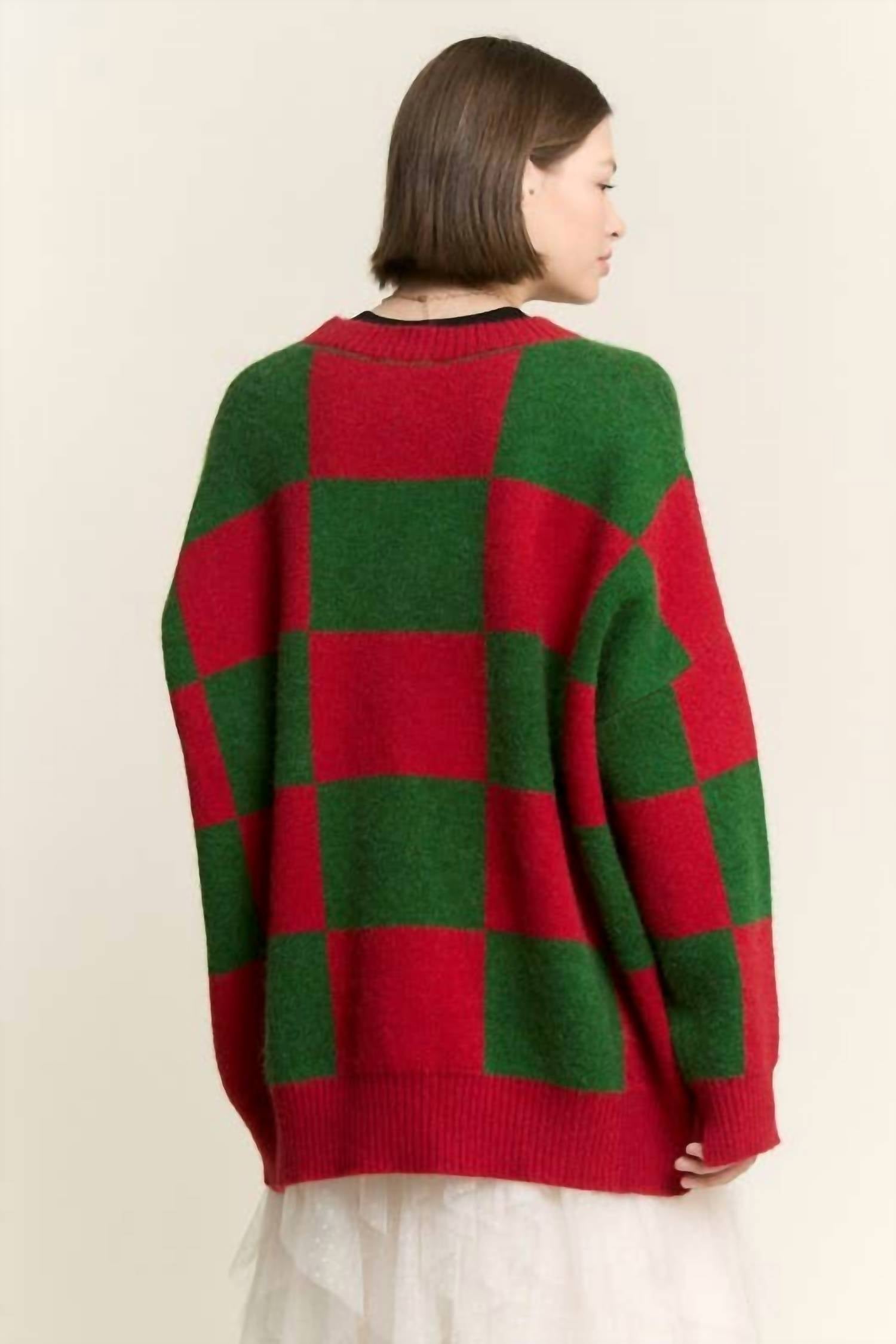 JADE BY JANE Fa La La Fabulous Checkered Christmas Sweater in red green - women's sweater - detail view