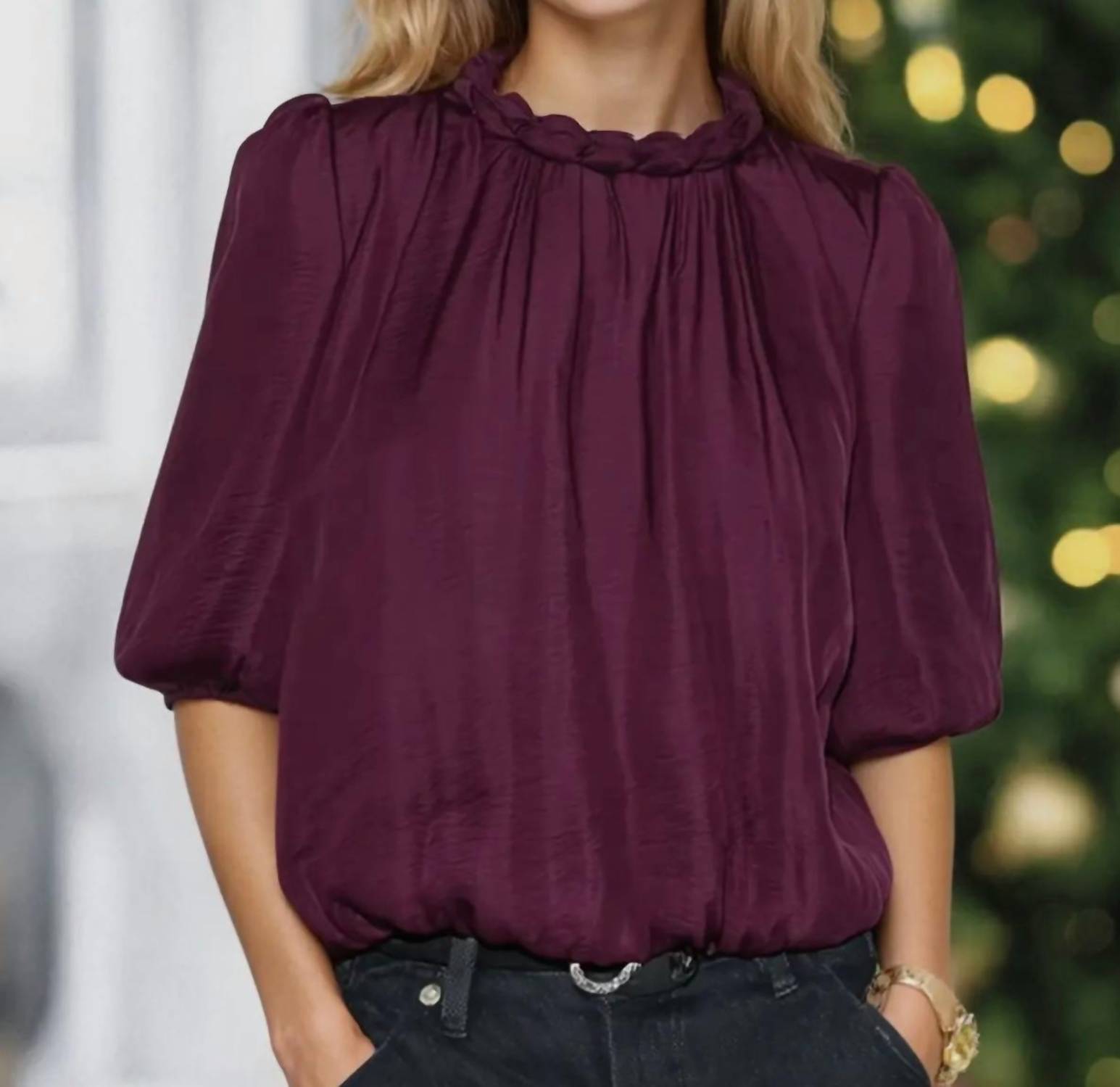 Naked Zebra - Round Neckline Accent Billowy Blouse