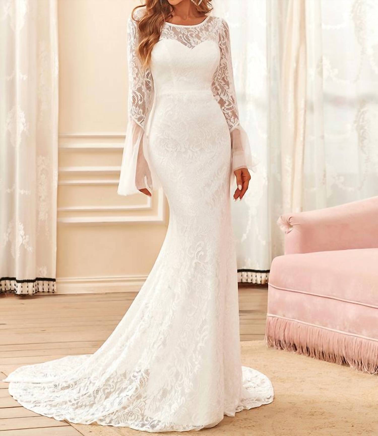 Ever-Pretty - Round Neck Long Pagoda Sleeves Wedding Dress