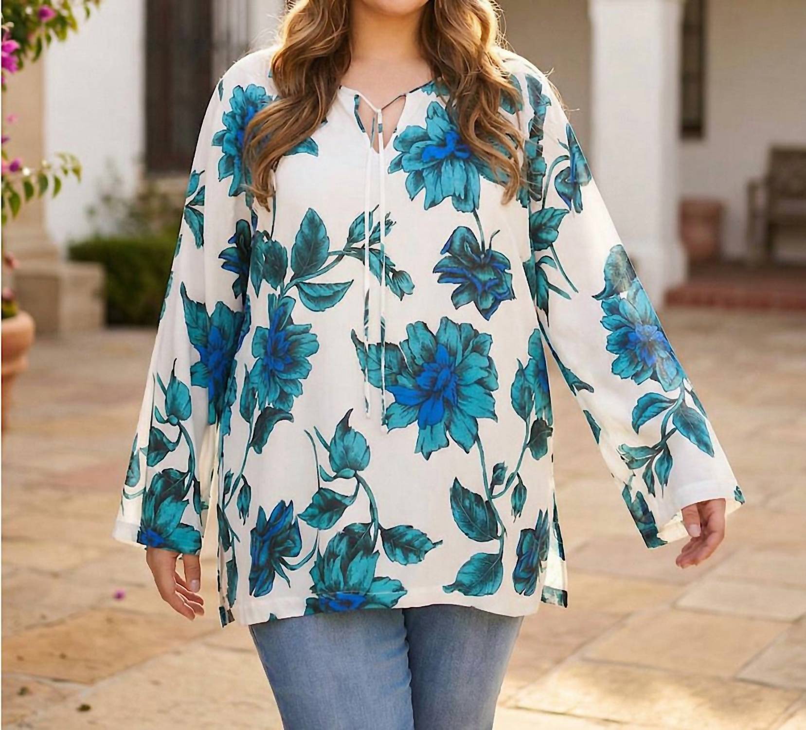 Karen Kane Keyhole Side-slit Sleeve Tunic Top - Plus in floral print - women's shirt - view 4
