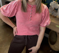 Easel - Waffle Knit Puff Sleeve Top