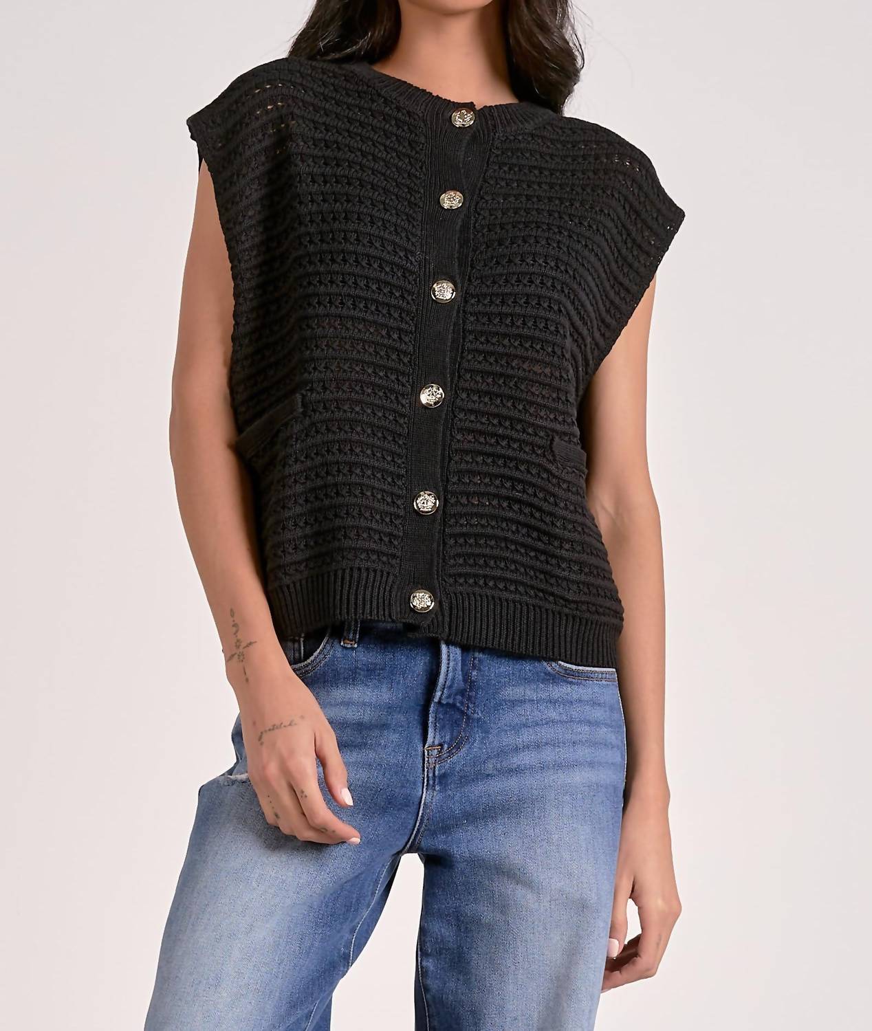 ELAN Buttondown Sleeveless Cardigan in black - women's cardigan - detail view