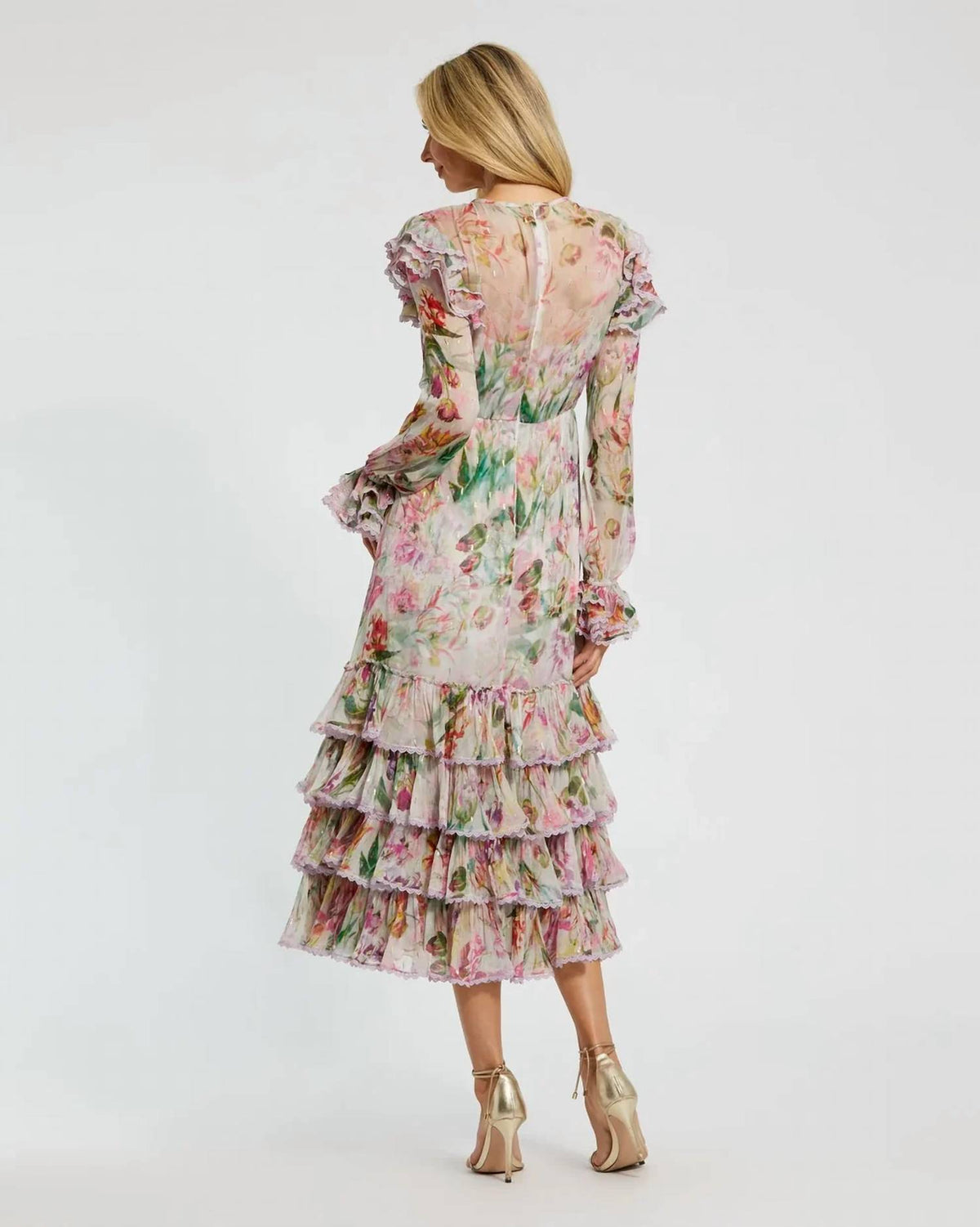 Mac Duggal - Long Sleeve Ruffle Detail Floral Shift Dress