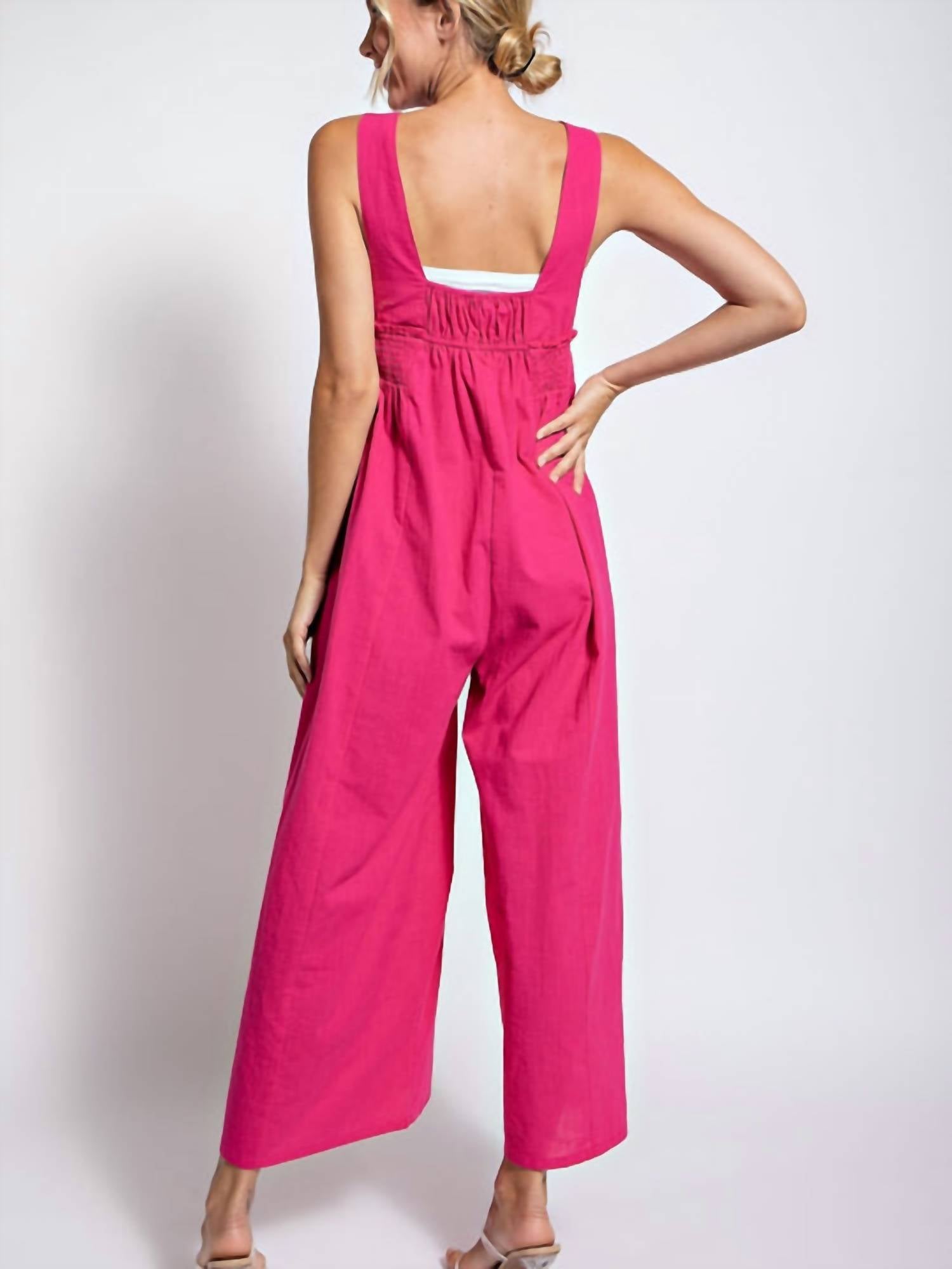 LLOVE Smocked Jumpsuit in hot pink - women's pants - detail view