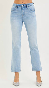 RISEN High Rise Tummy Control Ankle Straight Jeans in blue - women's jeans