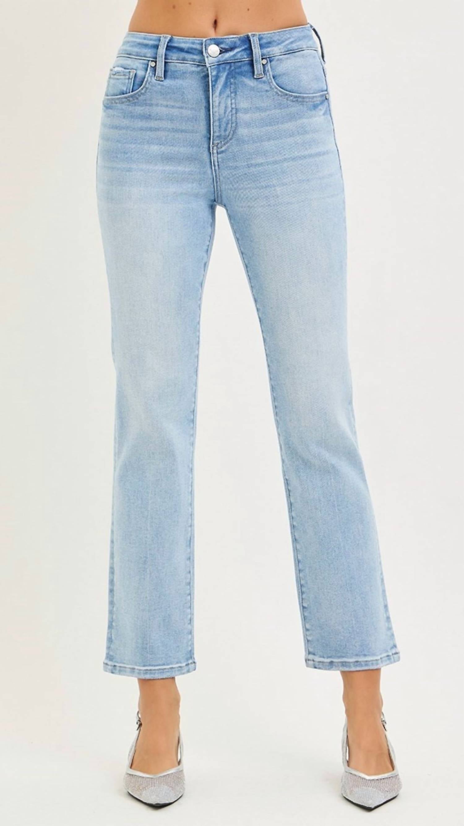 RISEN High Rise Tummy Control Ankle Straight Jeans in blue - women's jeans