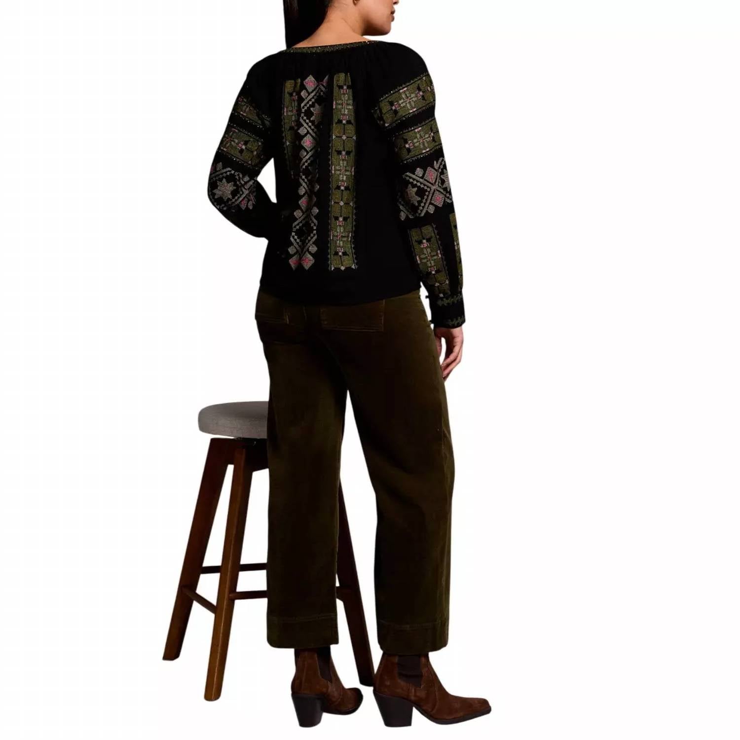 TRIBAL Women's Embroidered Boho Long Sleeve Notch Neck Blouse in black - women's blouse - alternate view