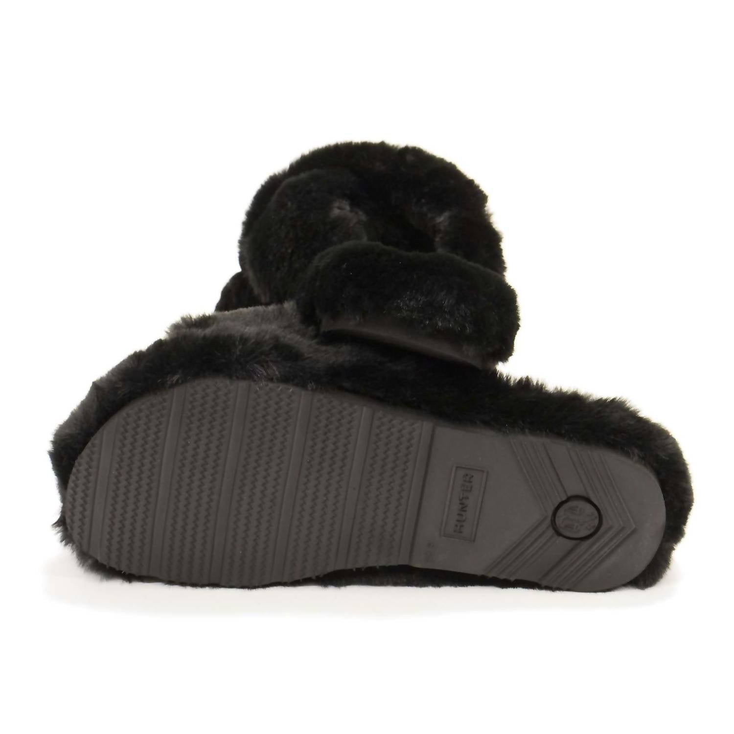 HUNTER Women's Faux Fur Flatform Crossover Slides in black - women's shoe - view 6