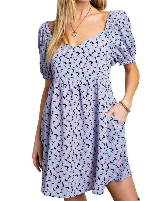Kori - Daisy Soft Printed Puff Sleeve Babydoll Back Tied Dress