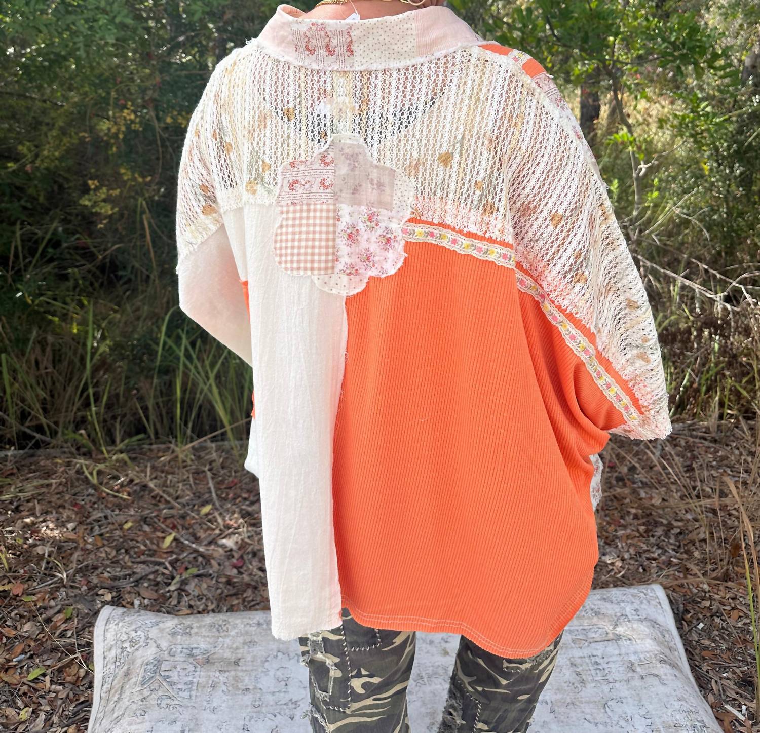 POL Oversized Button Down Top in creamsicle - women's shirt - detail view