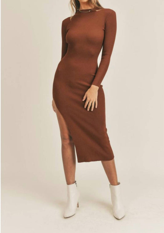 Mable - Long sleeve midi sweater dress with one side high slit.