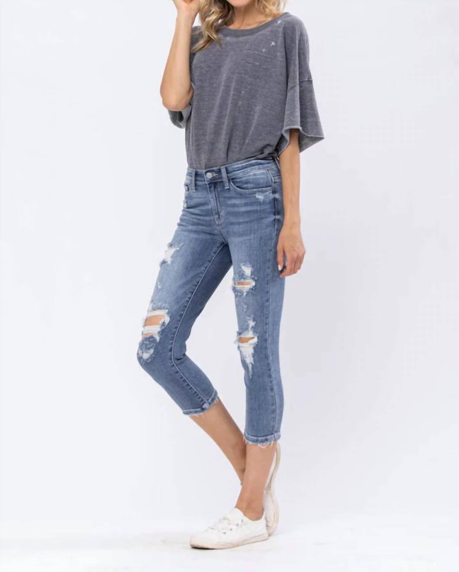 Judy Blue Destroyed Mid-Rise Capri Jeans in medium wash - women's pants - detail view