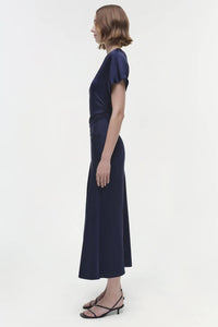 JONATHAN SIMKHAI Marabella Short Sleeve Draped Midi Dress in midnight - women's dress - detail view