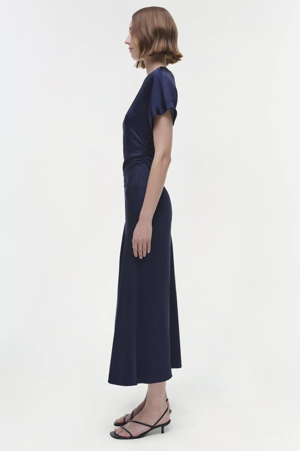 JONATHAN SIMKHAI Marabella Short Sleeve Draped Midi Dress in midnight - women's dress - detail view