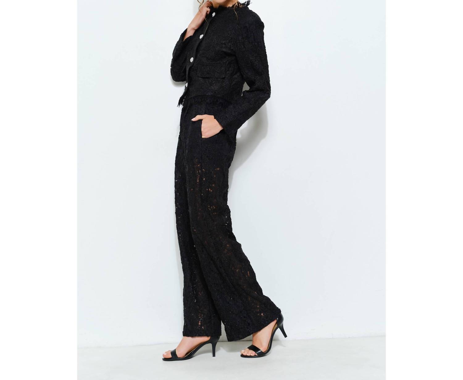 Ina Fashion - Lace Fringe Trim Pearl Button Cropped Jacket