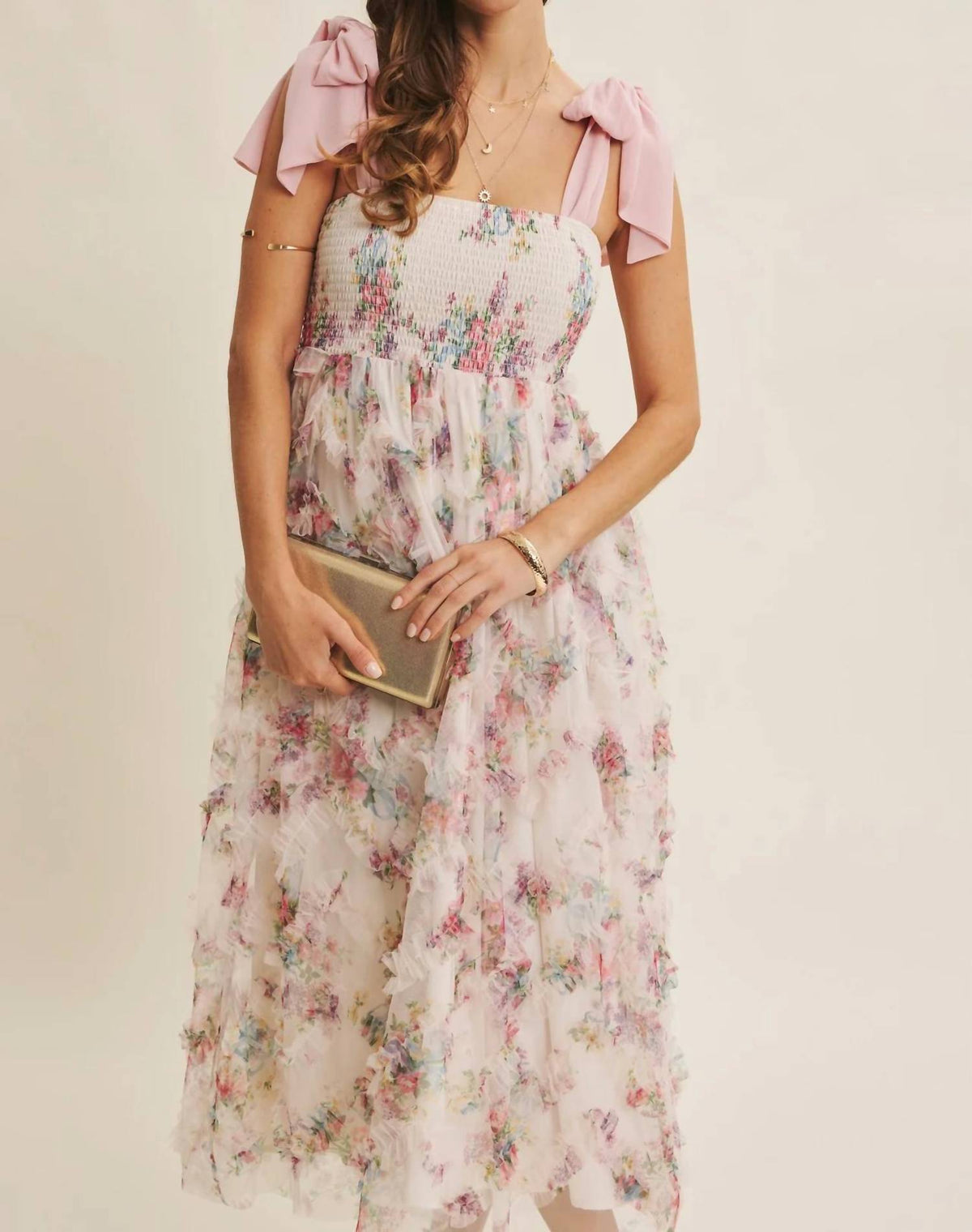 In February - Textured Floral Smocked Midi Dress