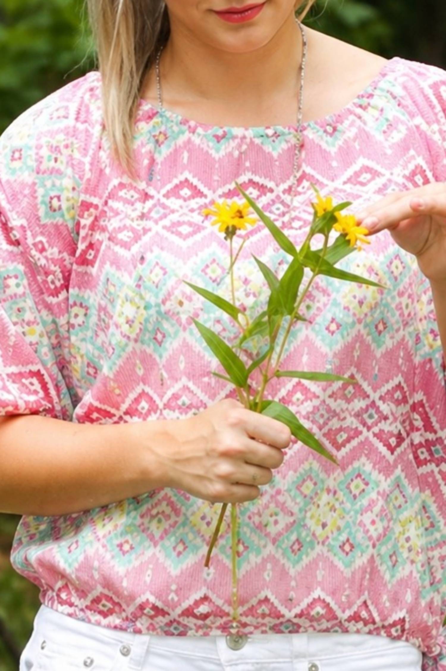 R Cinco Ranch Mumbi Tribal Top in pink - women's t-shirt - detail view