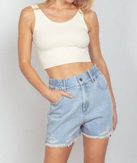 New In - Elastic High Waist Distressed Washed Denim Shorts