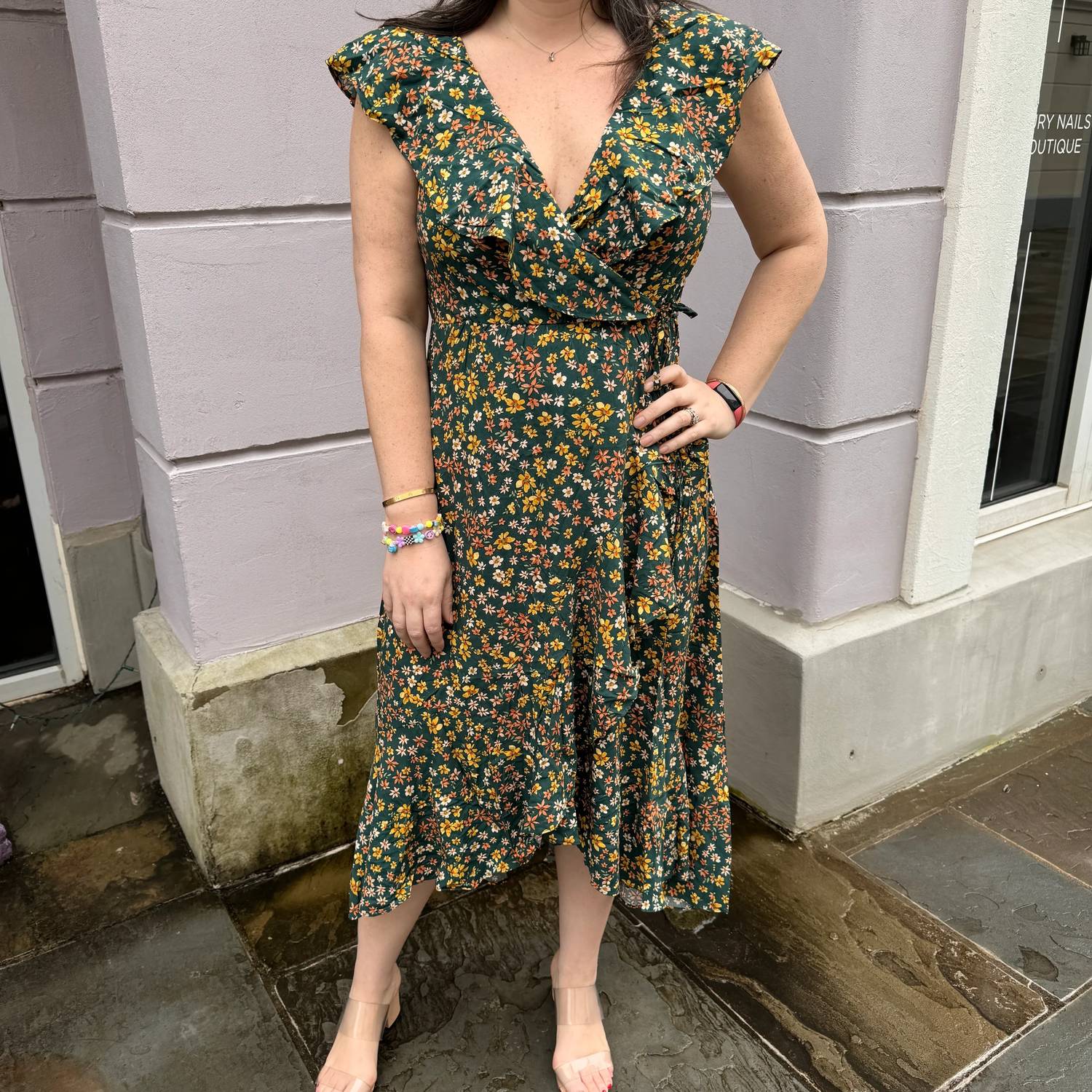 Apricot - Spaced Ditsy Ruffle Wrap Dress