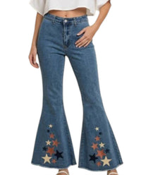 Peach Love Star Print Bell Bottom Jeans in blue - women's pants - detail view