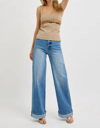 RISEN Sucre 75 Tummy Control High Rise Wide Cuffed Jeans in medium wash - women's jeans