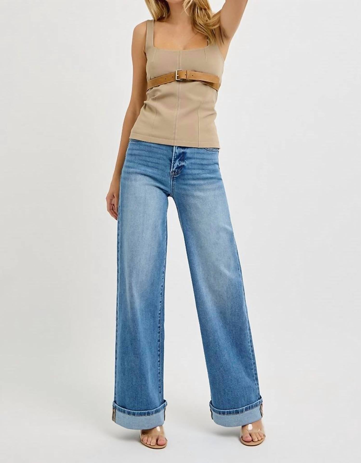 RISEN Sucre 75 Tummy Control High Rise Wide Cuffed Jeans in medium wash - women's jeans