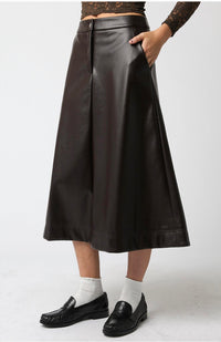 OLIVACEOUS Vegan Leather Midi Skirt in chocolate - women's skirt - detail view
