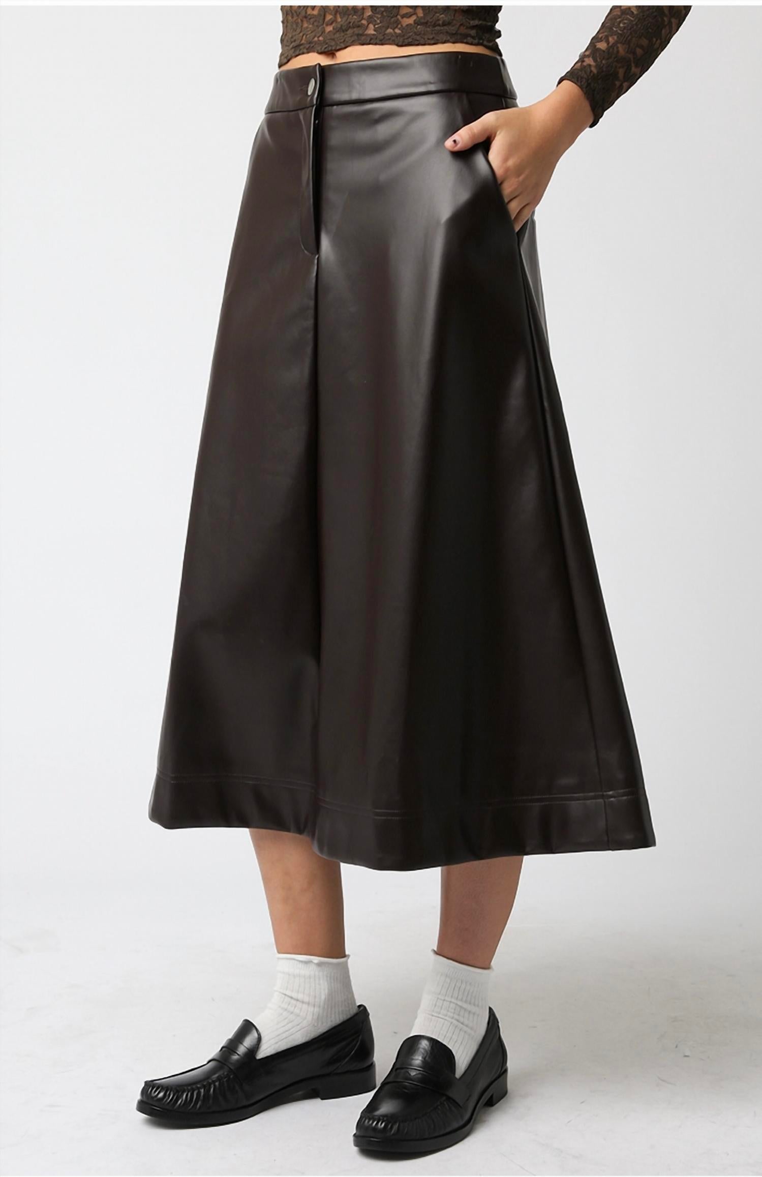 OLIVACEOUS Vegan Leather Midi Skirt in chocolate - women's skirt - detail view