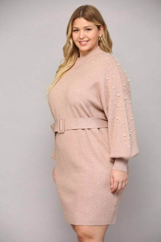 Fate - Pearl Embellished Belted Sweater Dress - Plus